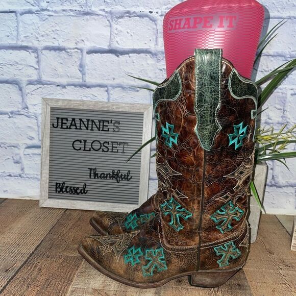 Corral Womens Whiskey Turquoise Blue Cross Brown Embroidered Western Boots - Picture 3 of 16
